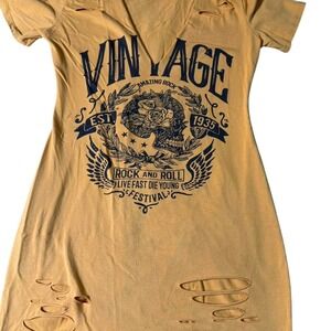 Vintage Windsor Yellow Graphic Distressed Dress Skull Rock Festival Size S‎